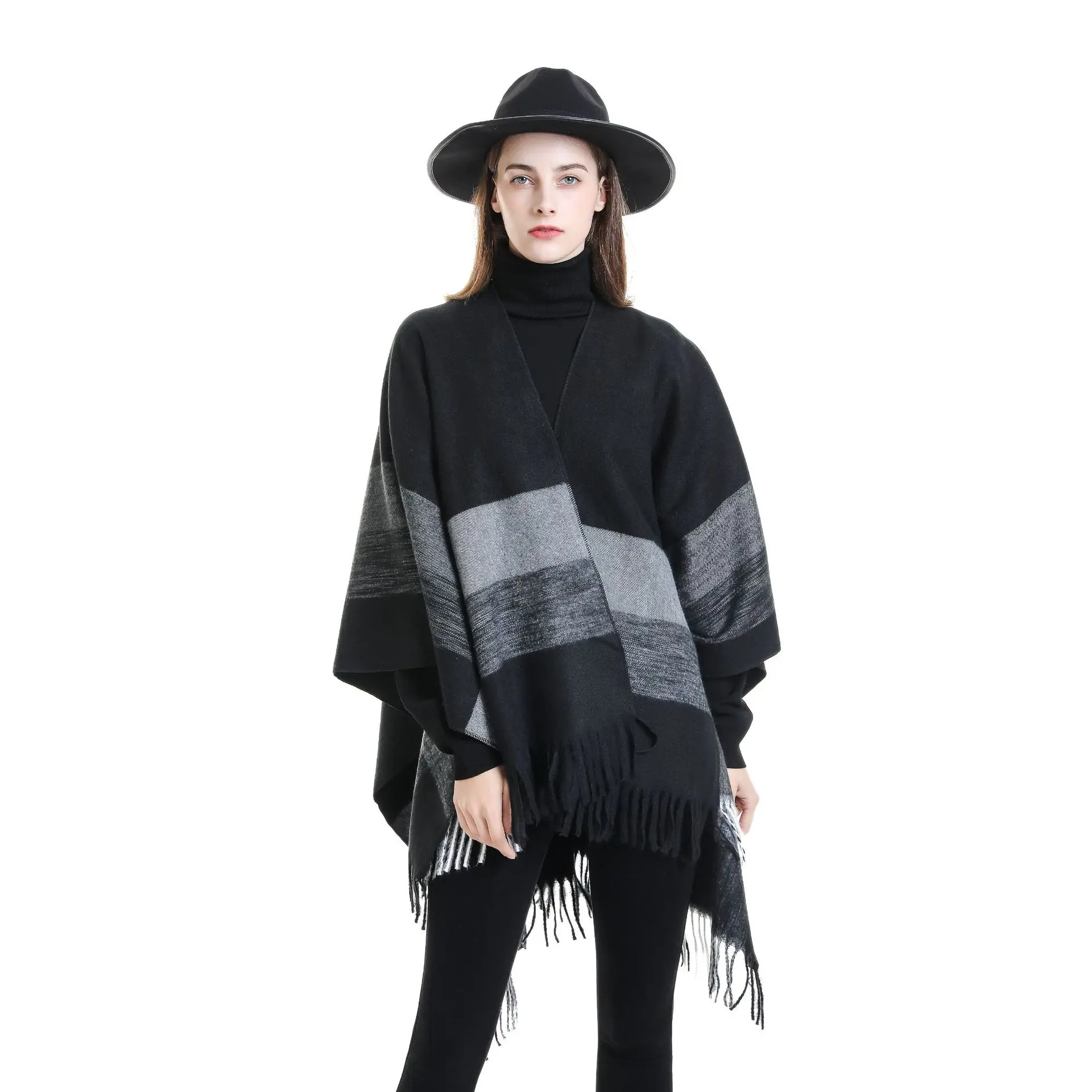 Women Cashmere Feeling Shawl Lady Classic Striped Cape Spring Autumn Retro Cardigan Winter Cloak with Tassels Soft Large Blanket