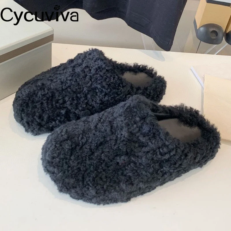 

2022 Brand Wool Half Flat Slippers Men Autumn Platform Slides Thick Sole Flat Fur Shoes Woman Fashion Rome Flat Slippers Male