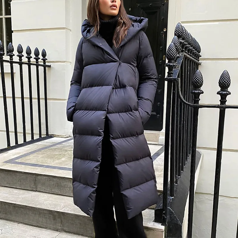 Down Jacket Women's Hooded Simple Version Cape 90 Goose Down Long Coat Thickened Cold Insulation Women