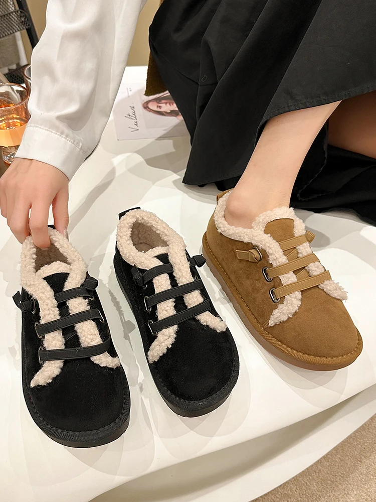 

Туфли женские с круглым носком, меховые кроссовки, Повседневная универсальная обувь, милые эластичные Мокасины, 2022