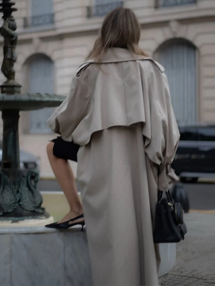 Trench lungo da donna elegante con cintura risvolto ampio doppio petto cappotti a maniche lunghe 2025 Autunno Lady Chic Commute Outwear 5