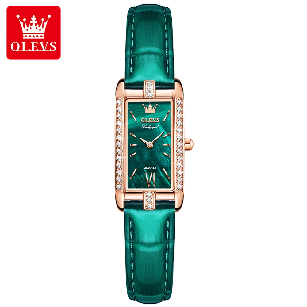 

Fashion Olevs Top Brand Women Quartz Watch Luxury Diamond Waterproof Red Genuine Leather Rectangle Ultra-thin Lady Gift Watches