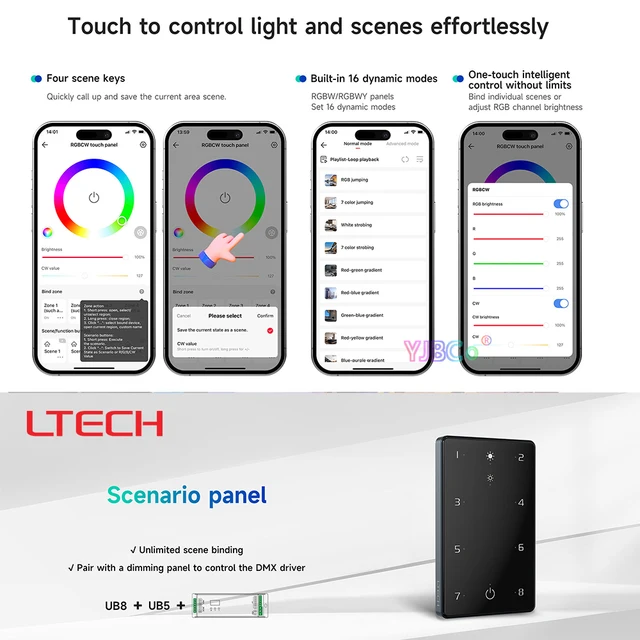 แผงควบคุมไฟ LED แบบสัมผัส Bluetooth ยี่ห้อ LTECH รุ่น UB1 DIM UB2 CT UB4 RGBW UB5 RGBWY  12-24V รุ่น UB8 แผงควบคุมอัจฉริยะ 8 โหมด 1