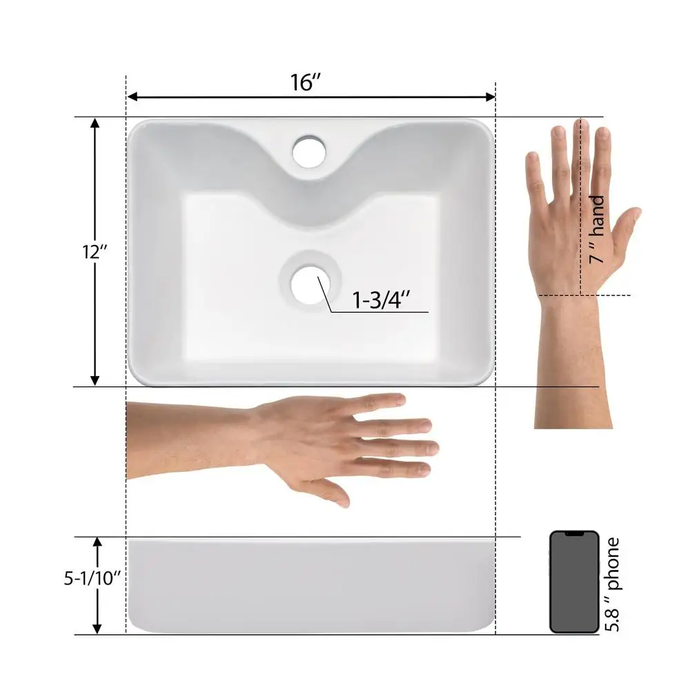 16" Rectangular Ceramic Vessel Bathroom Sink White Countertop Basin Above Counter Easy-to-Clean Durable Modern Style Ideal Small 5