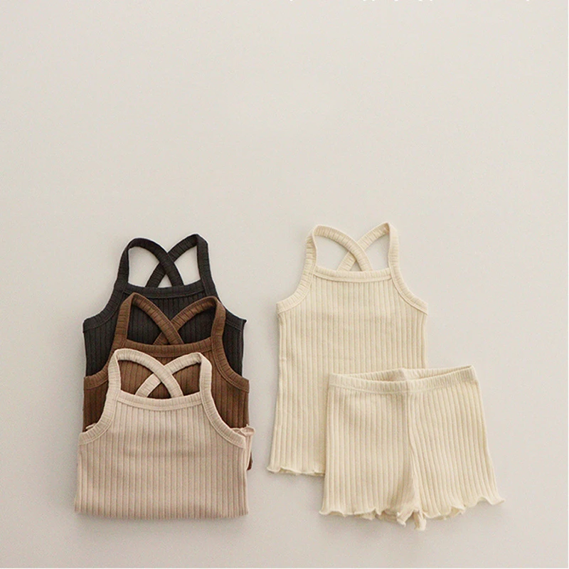 Children's Summer Shorts Set Baby Kids Girls Ribbed Suspender Top + Shorts Tank Cross Vest Striped Shorts Pajamas Clothing Set best Baby Clothing Set