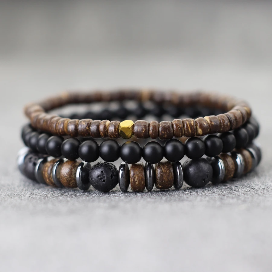 Natural Coconut Husk Beads Men Bracelet Set with Lava Tiger Eyes Hematite Stone