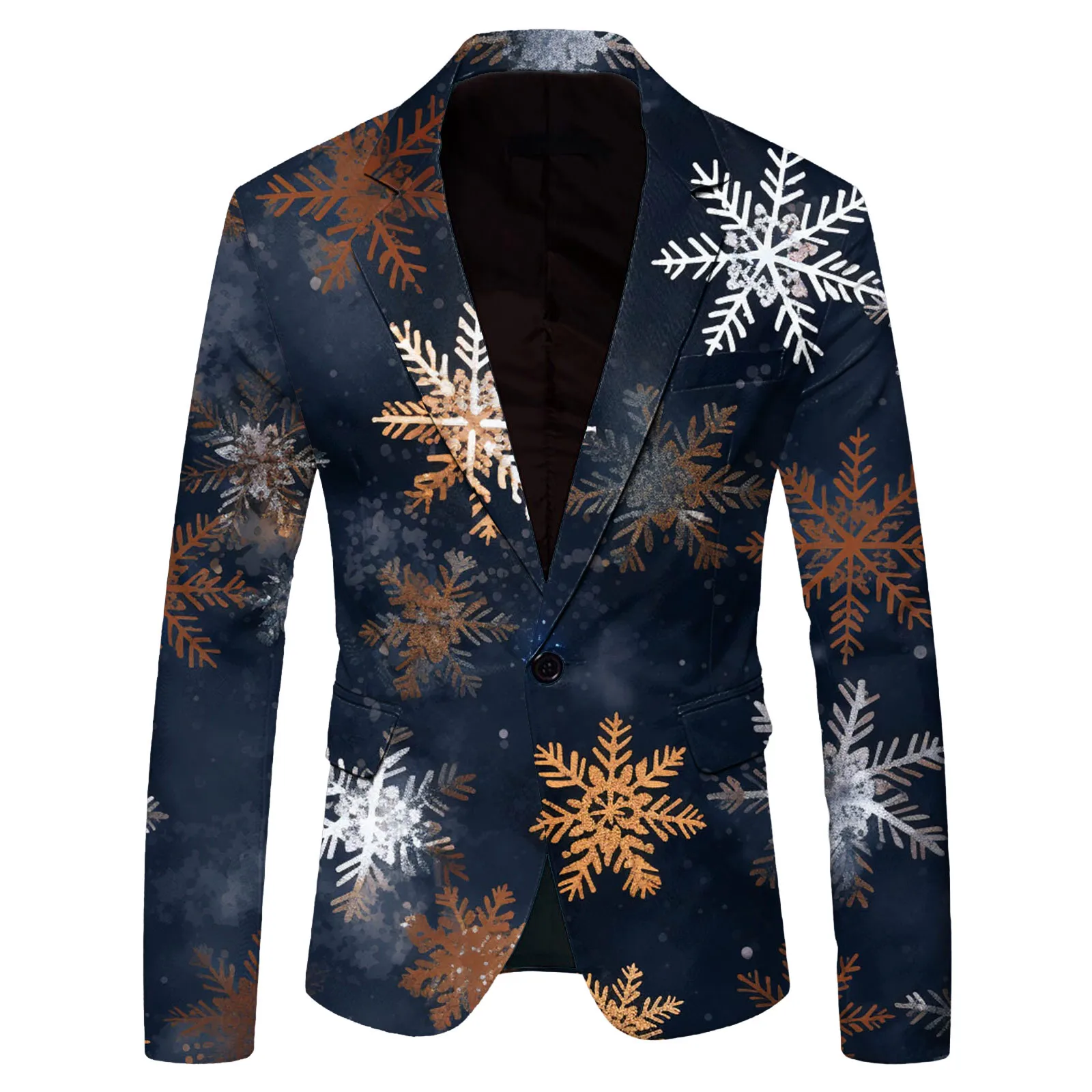 Snowflake Print Christmas Blazer Jackets For Men Long Sleeve Lapel Button Suit Coat Plus Size Christmas Party New Year Outwears