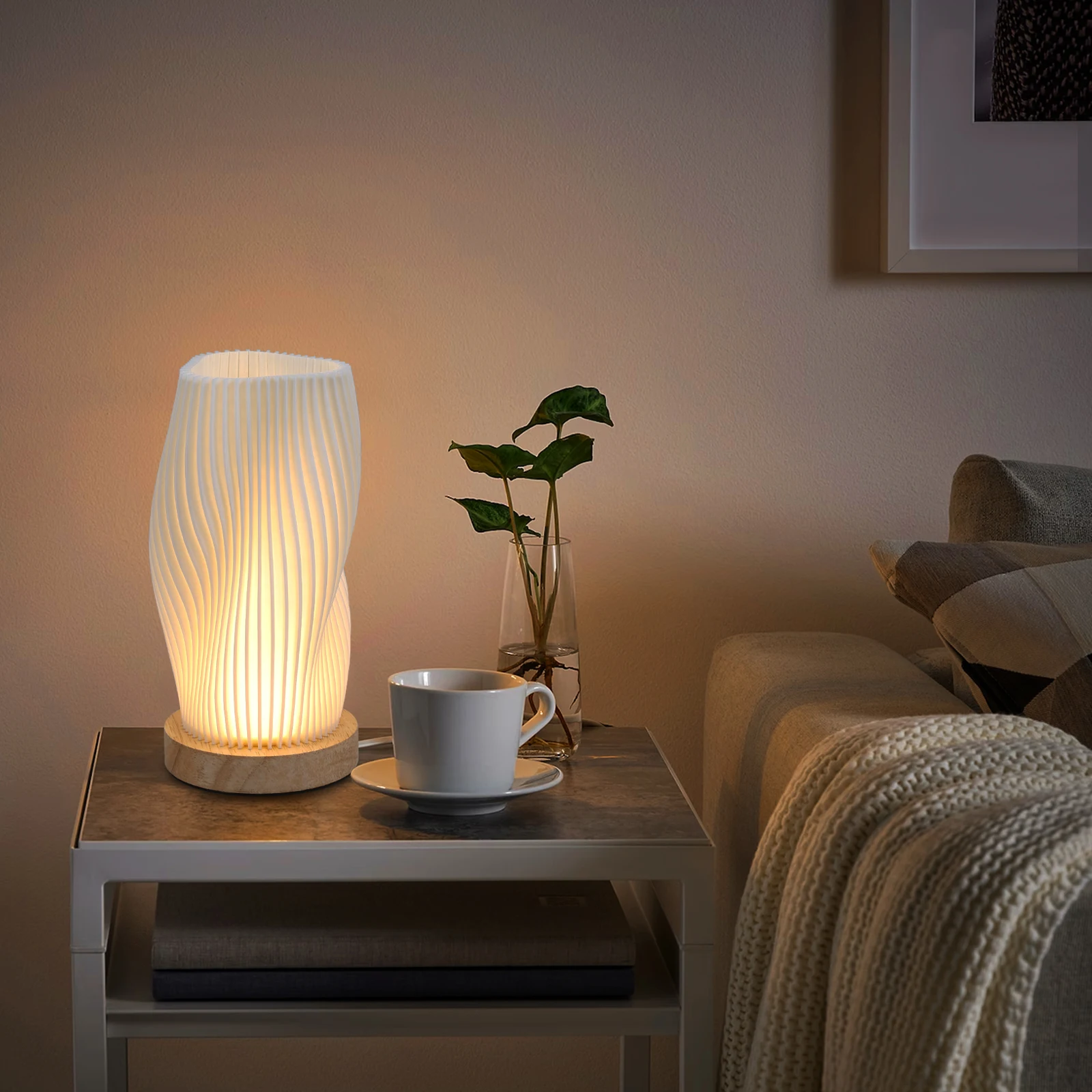 Novelty Bedside Lamp with Woodbase - Button Control Table Lamp for Bedroom Dimmable Nightstand Lamp with PLA Lampshade
