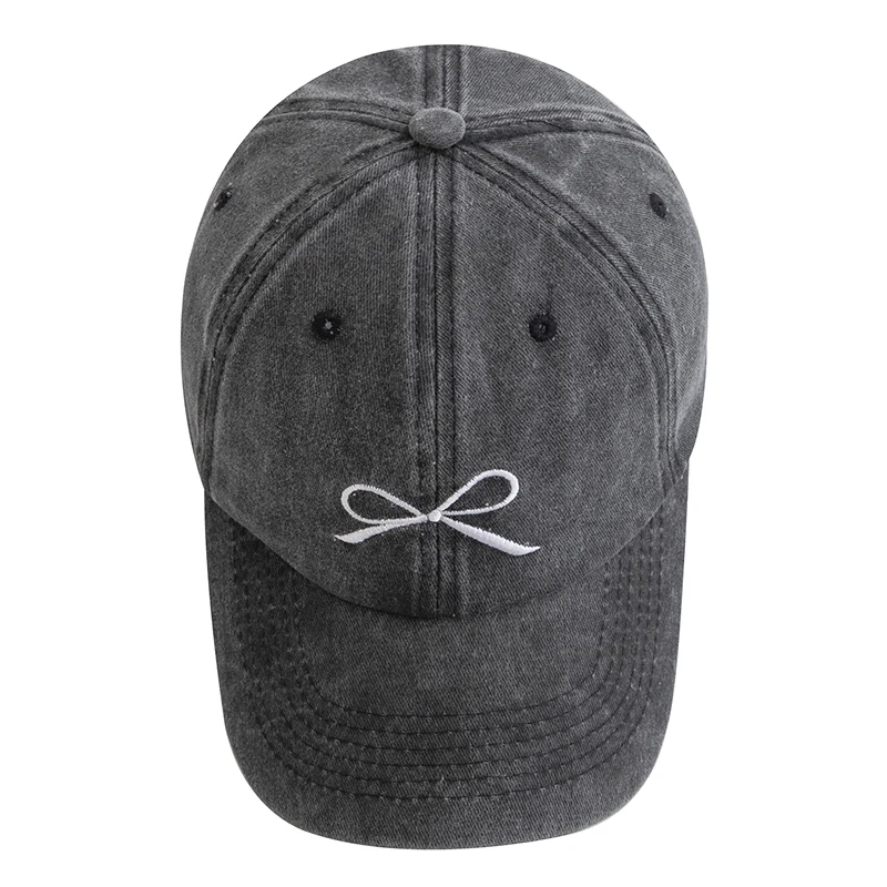 New Women Washed Cotton Cap Bow Knot Embroidery Vintage Baseball Cap Female Casual Outdoor Streetwear Dad Hats