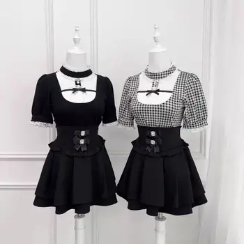 Japanese Gothic Lolita Style Shirts Women Vintage Sweet Y2k Lace Ruffles Short Sleeve Plaid Blouse Girls Casual Tops 1