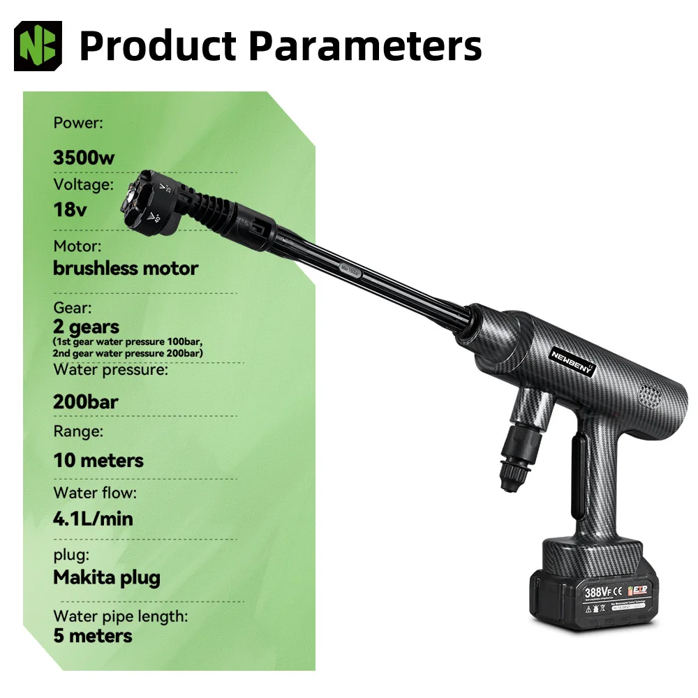 High Pressure Washer Gun 200Bar 6 IN 1 Brushless 2 Gears For Makita Battery Pin Garden Cleaning Irrigation Tool