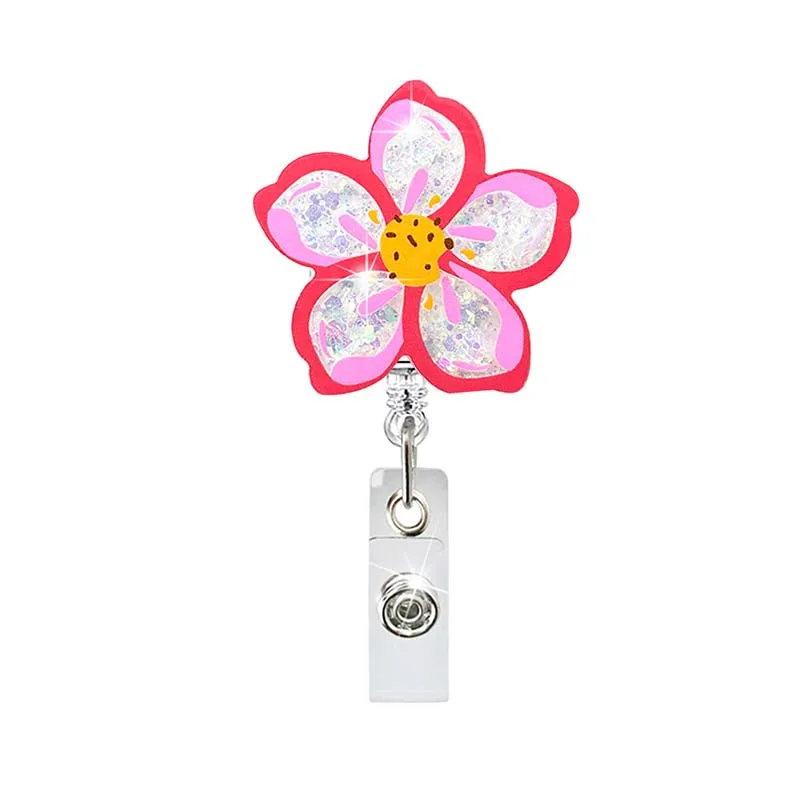 New Quicksand Acrylic Candy Color Flowers Badge Reel Retractable ID Badge  Holder With 360 Rotating Alligator Clip Name Holder