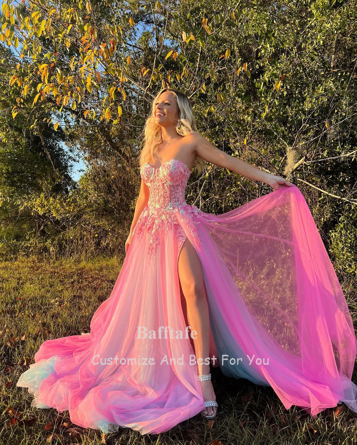 Bafftafe Fairy Pink Mint Blue Prom Party Dresses Applique Women Evening Dress Slit Formal Wedding Engagement Gowns women prom dresses