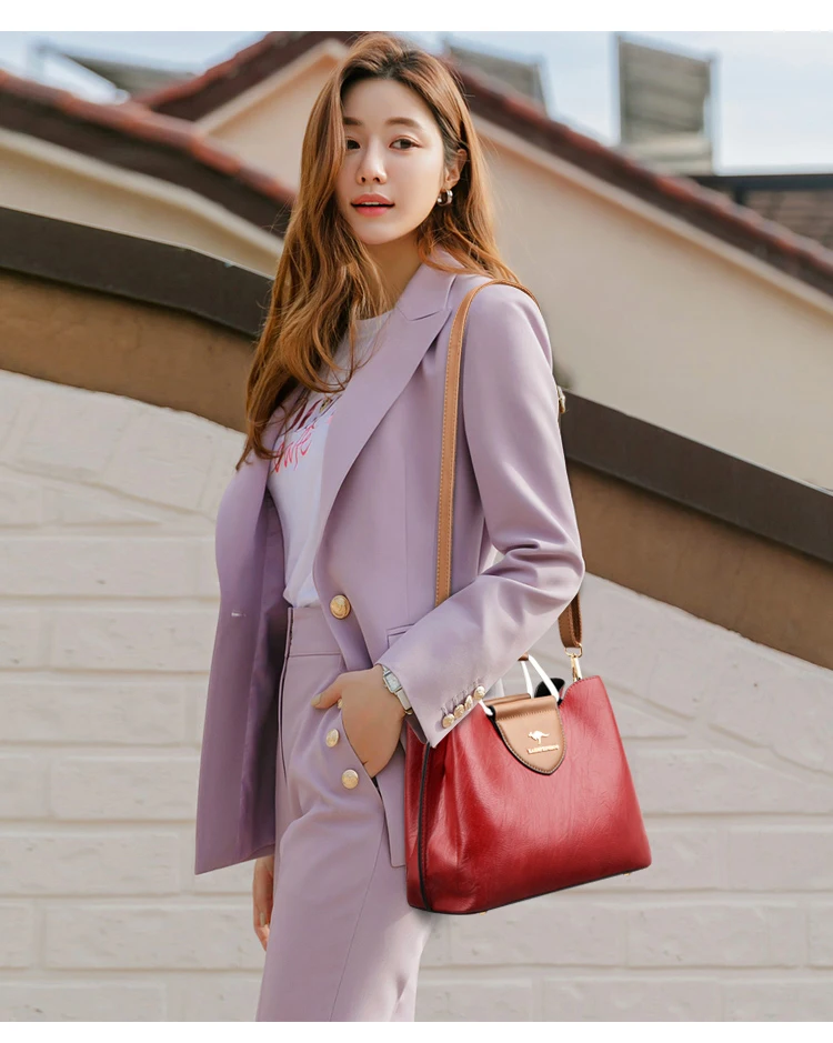 Designer Oil Skin Leather Women's Handbag Wallet 3 Layer Luxury Brand Tote Bag Women's Shoulder Crossbody Bag For Women Purses