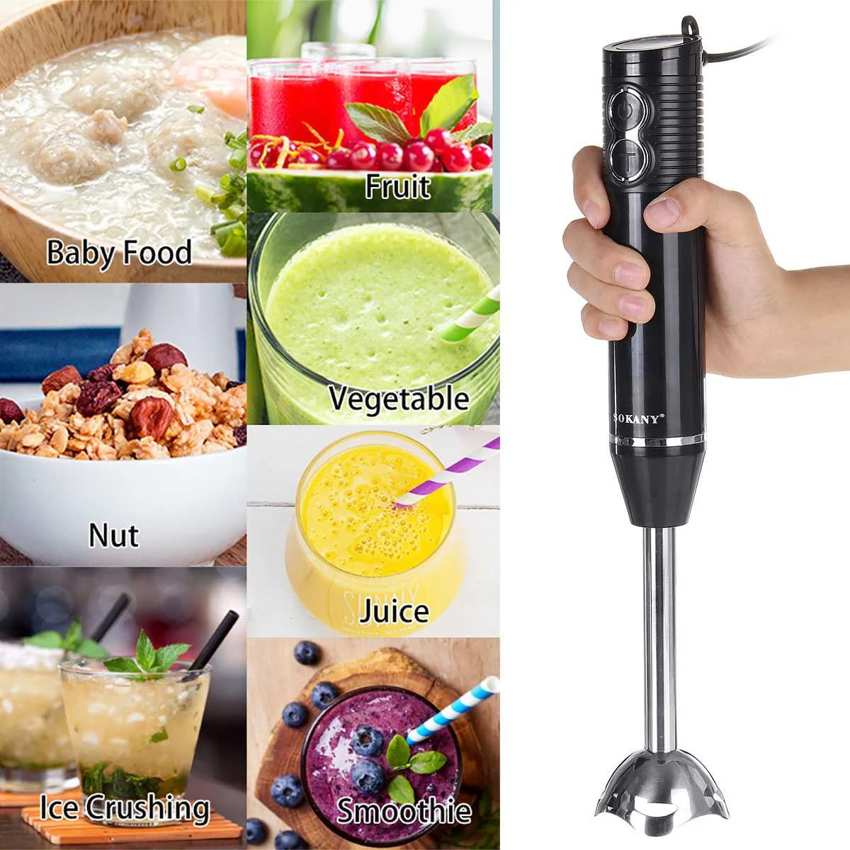 3-in-1 Immersion Hand Stick Blender 300W 2 Speeds Electric Food