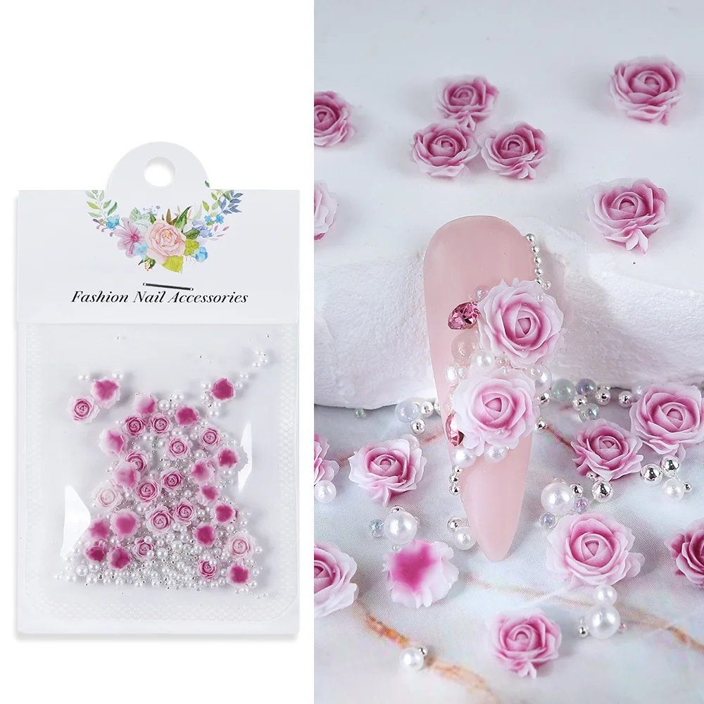 30-Piece Pink Rose 3D Nail Rhinestone and Pearl Charms Set