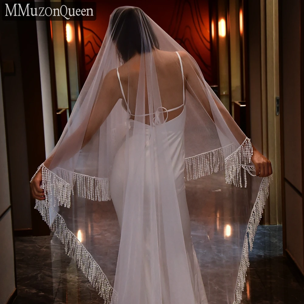 M56 Light Luxury Fan-Shaped Tassel Edge Floor-Length Veil With Hair Comb Double Layer Bridal Wedding Cathedral Veil