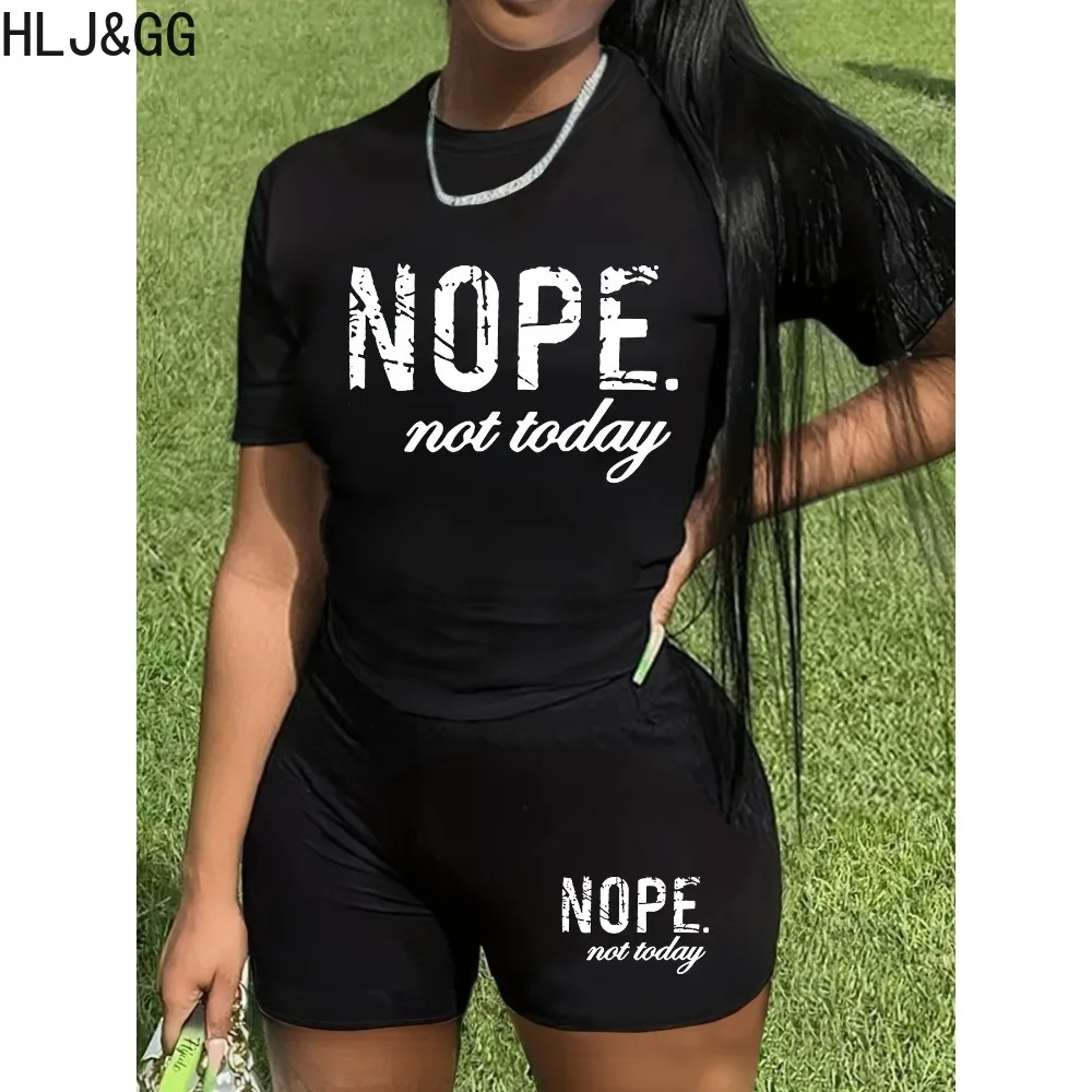 HLJ&GG Casual Letter Print Biker Shorts Two Piece Sets Women O Neck Slim Tshirt And Shorts Tracksuits Summer Sporty 2pcs Outfits new 2023 summer men s casual 2pcs short sleeve cotton sets t shirt