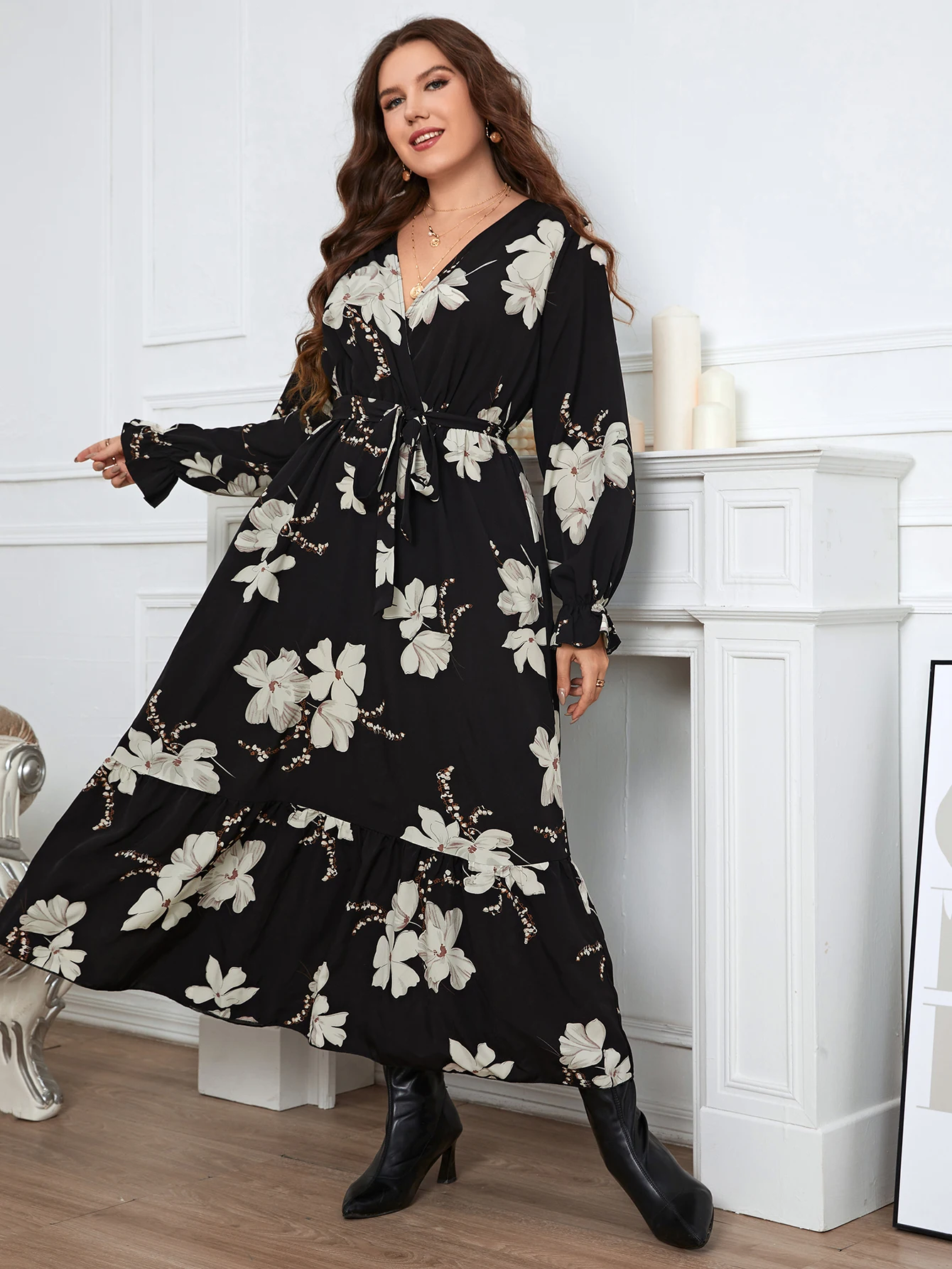 KEBY ZJ Plus Size Women Clothing Puff Long Sleeve Maxi Dress Casual Black Printed Chiffon Spring Autumn Lady Elegant Party Dress