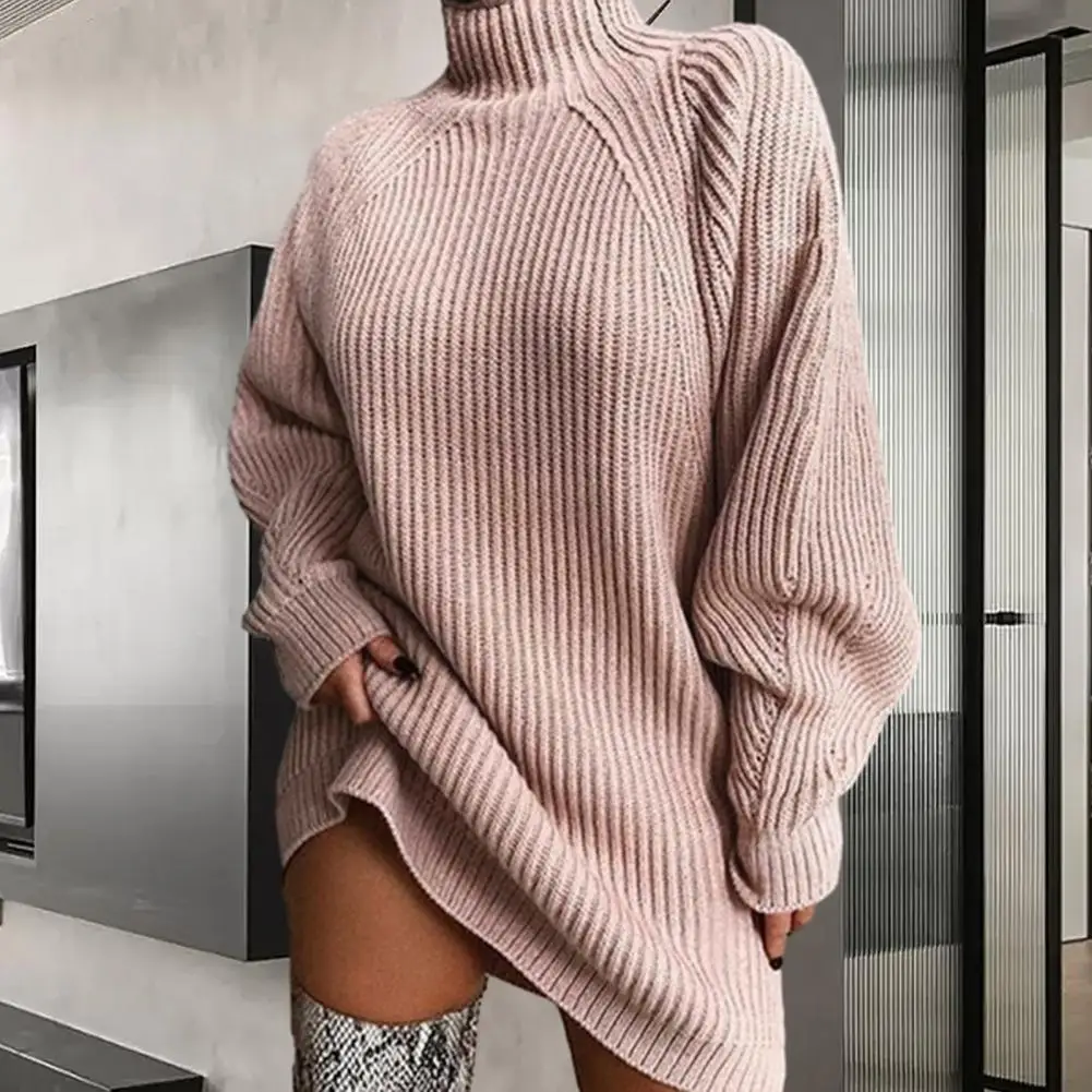 

Women Sweater Dress Elegant High Collar Pullover Sweater Loose Long-sleeved Knit Dress For Autumn Winter