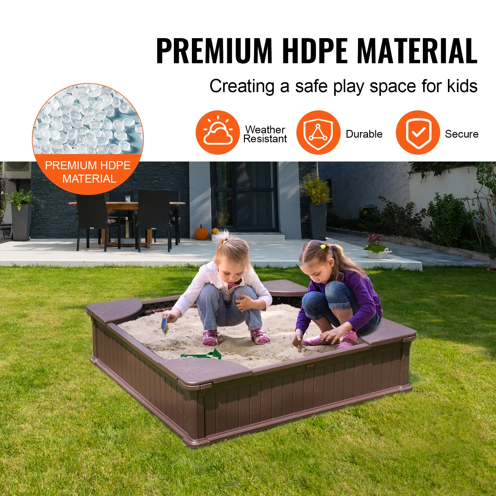 VEVOR Sandbox with Cover in Square Sand Box  Sand Pit with 4 Corner Seating and Bottom Liner Kids Sandbox for Outdoor for Kids 6
