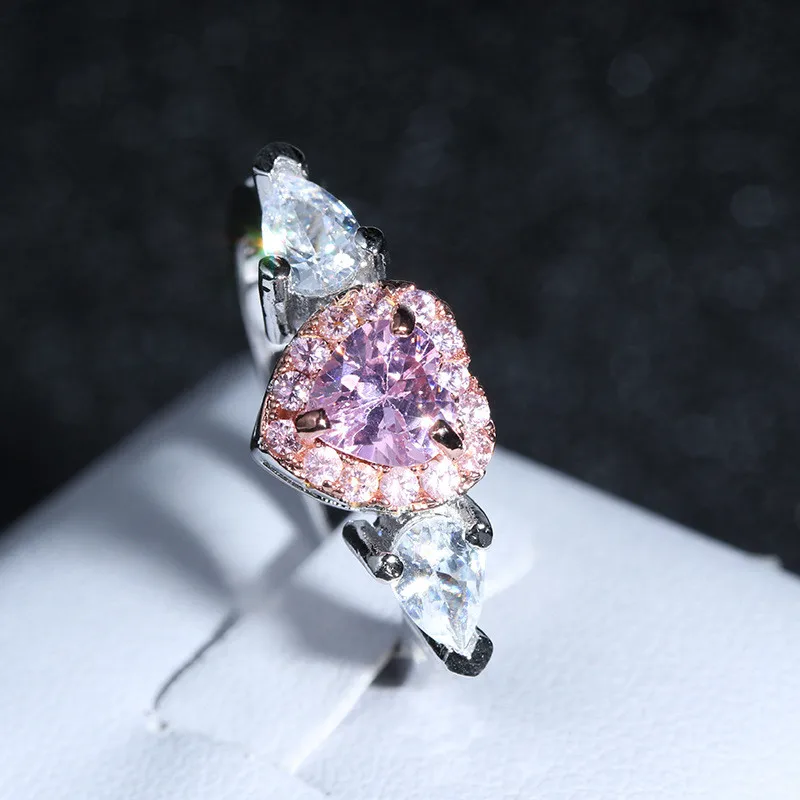 Women Rings Princess Propose Marriage Pink Heart Cubic Zirconia Engagement Wedding Jewelry