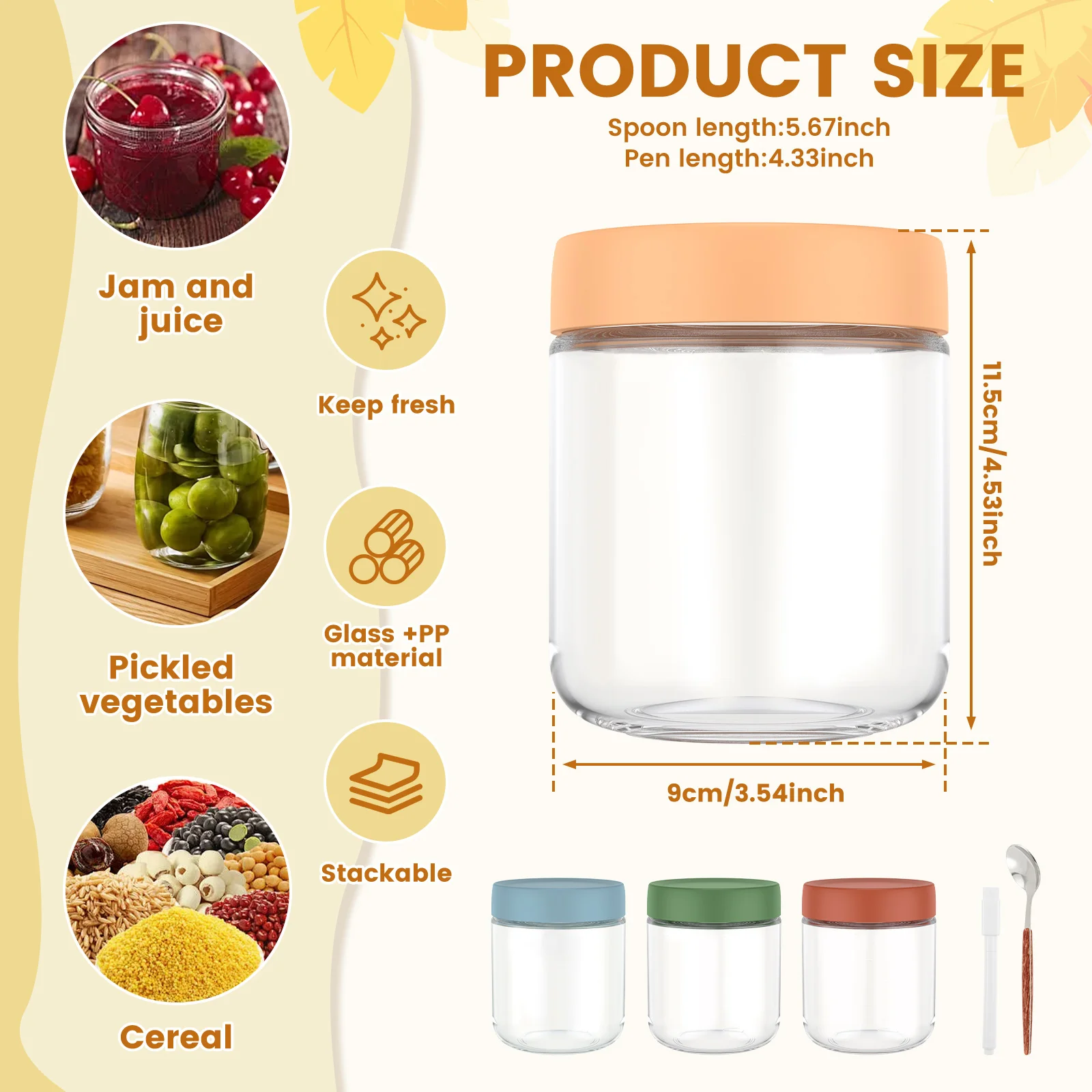 4Pcs 500ml Clear Glass jars with Airtight Lids Oats Containers Stackable Wide Mouth Oatmeal Containers for Yogurt Pudding Jam