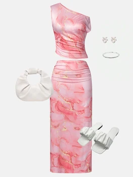 Women OneShoulder Sleeveless PinkMarble Print Ruched Crop Midi 2Piece Skirt Set Glam Vacay Summer DateNight Party Stretchy 1