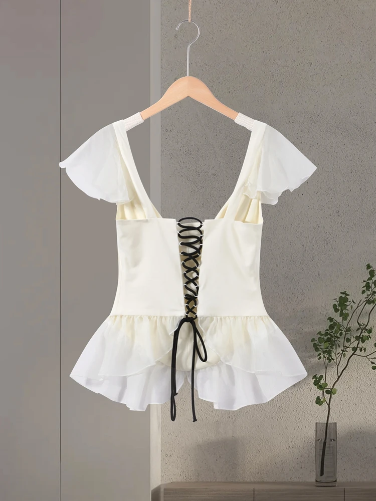 Mesh-Patchwork Flügelärmel Bandage-Top Damen Sexy U-Ausschnitt Taillenschnürung Rüschensaum Schlankes Oberteil Frühling Schicke Damen Clubwear Partykleidung – Detail 4
