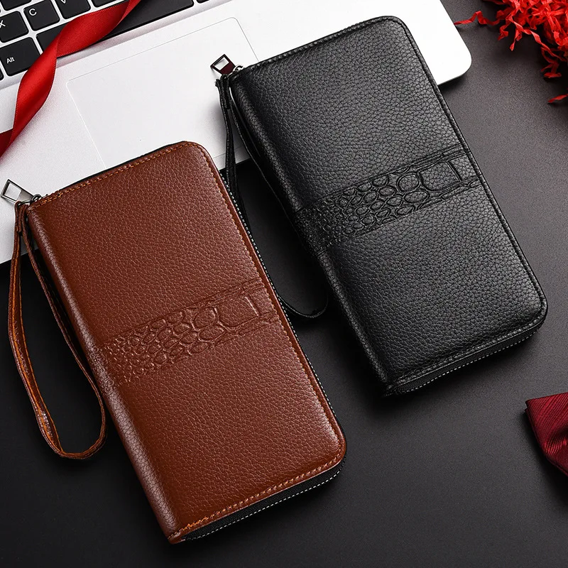 Men's Wallets Long Quality PU Leather Wallet Men Zipper Coin Pocket Purse Youth Business Clutch Phone Bag