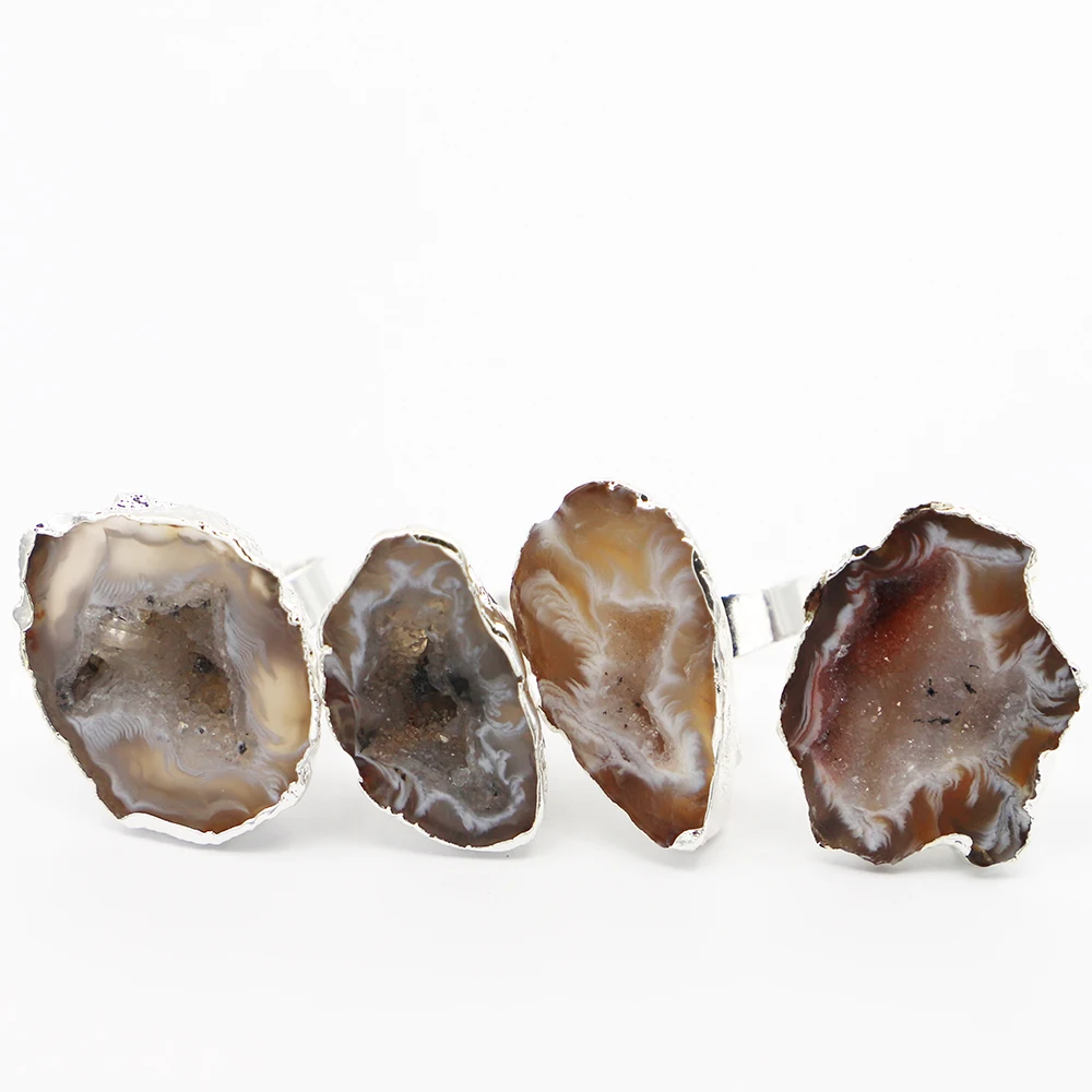Natural Stone Irregular Agate Druzy Finger Ring Silver Plated Healing Quartz Primary Slice Resizable Size Jewelry Wholesale 6Pcs