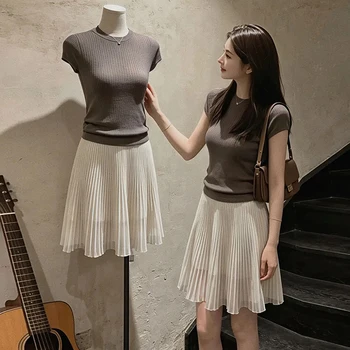 2026 Summer High waisted pleated skirts Short Sleeve T-shirt Dress Sets for Women Korean Fashion Suit Slim Fit and Slimming Tops