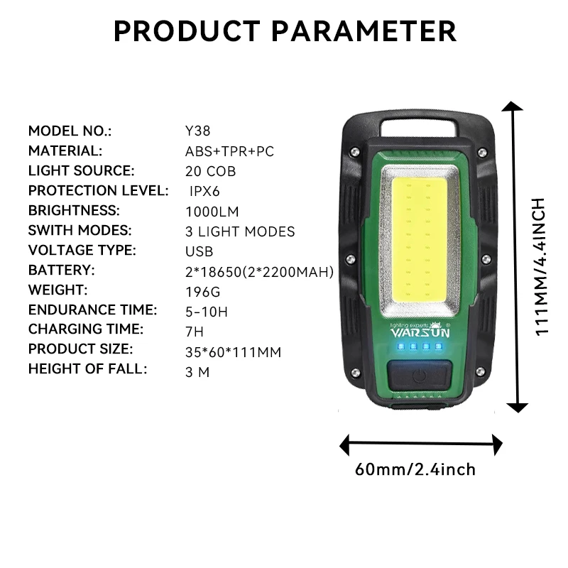 WARSUN 18650 Rechargeable Battery 1000Lm 20 COB Multipurpose Led Light Work Magnetic Suction Repair and Working Lamp images - 6