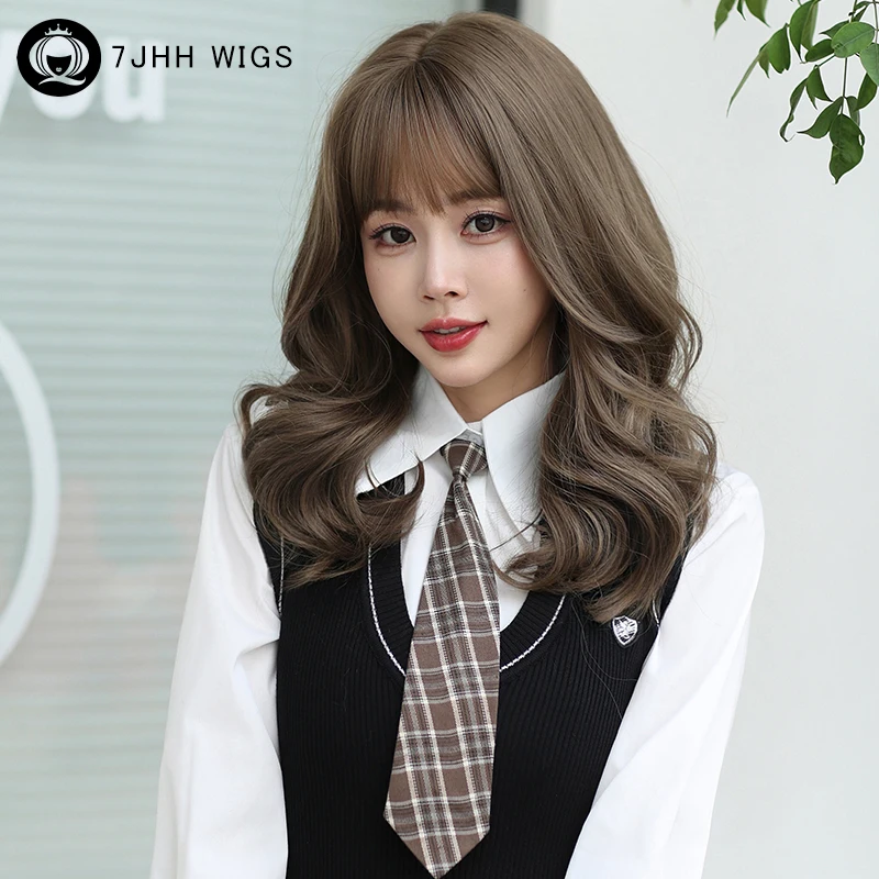 7JHH WIGS Ash Brown Wig Synthetic Loose Wavy Wigs with Fluffy Bangs High Density Long Curly Cool Brown Wig Beginner Friendly henry margu brown white ash gray blonde ombre synthetic wigs for black women afro long wavy wig with bangs lolita cosplay wigs