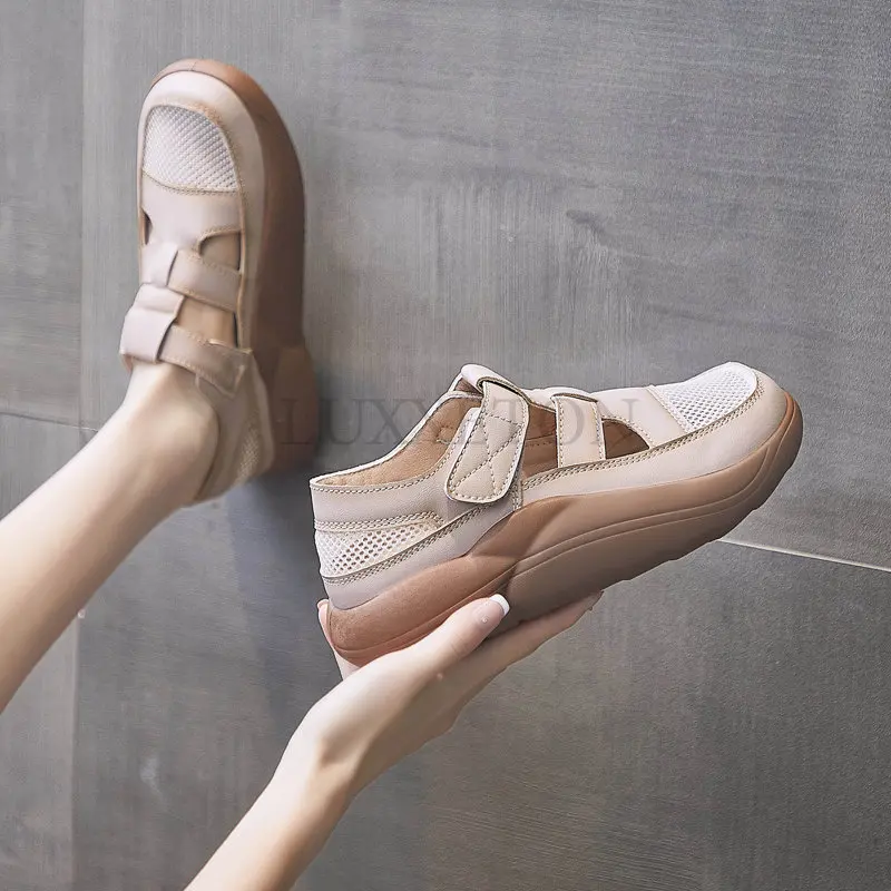 Women Sandals Women Loafers Shoes Breathable Summer Women Sandals Genuine Leather Beach Shoes Cut-Outs Flats Casual Loafers
