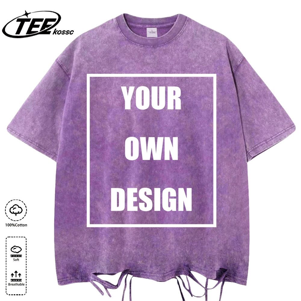 Custom Your Logo Print Summer Cool Snow Wash T-Shirt Cotton Casual Loose Short Sleeve Fashion Retro Tee Soft Couple Streetwear