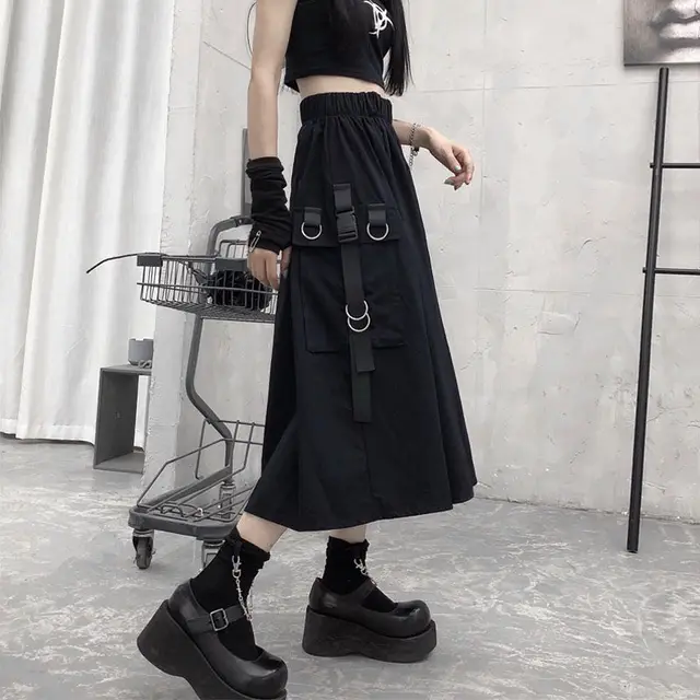 High waist cargo skirts woman harajuku loose a line pocket midi long black skirt hip