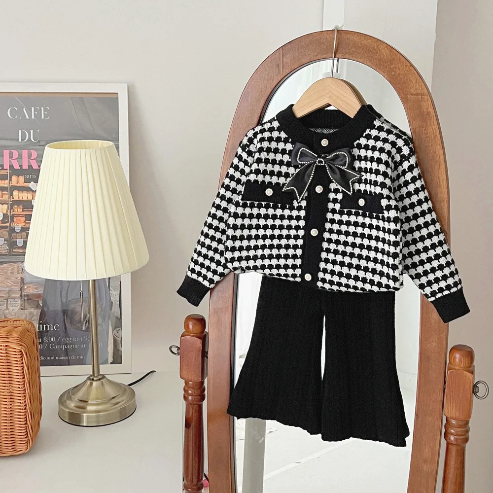 

Children Set Girls Coat Woolen Yarn Bow Knot Sweater Autumn Winter New Clothing Round Collar Simple Button Versatile