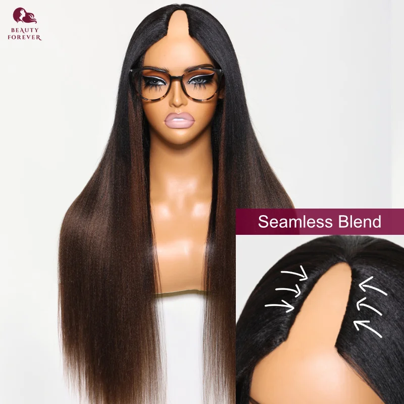 Yaki Straight V Part Human Hair Wig 100% Brazilian Remy Beauty Forever Upgrade 2.0
