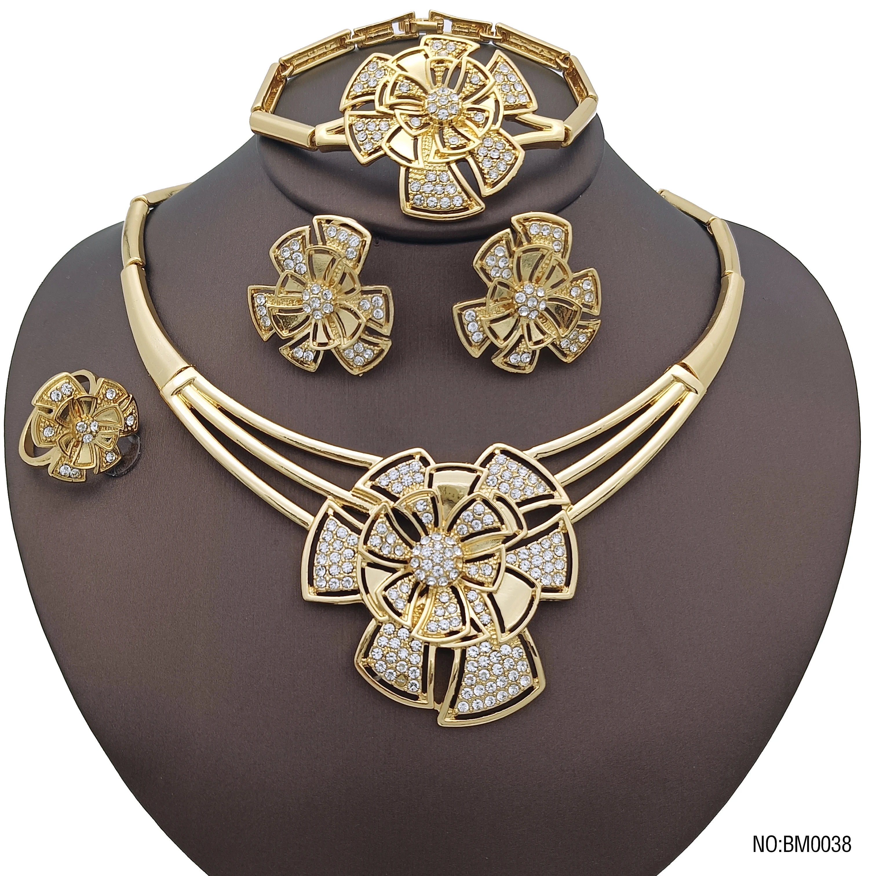 

Women's Sets Free Shipping Promotion Gold Color Jewelry Sets For Women Flower Necklace Earrings Ring Bracelet Wedding Party Gift