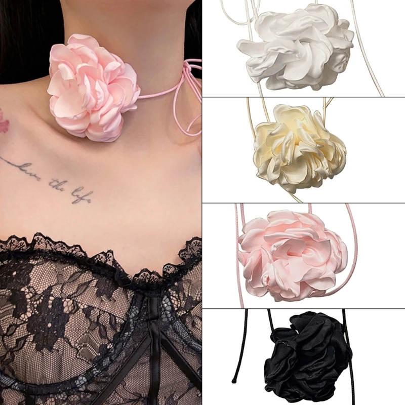 Simple Fabric Flower Long Ribbon Choker Necklaces Neckband Clavicle Chain Choker Party Gift Girl Fabric Flower Necklaces