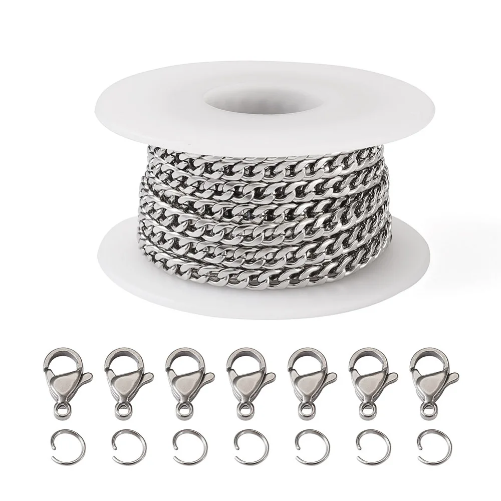 

Stainless Steel Curb Chains Cable Chains Link Chain Lobster Claw Clasps Jump Rings for DIY Chain Bracelet Necklace Making Kit