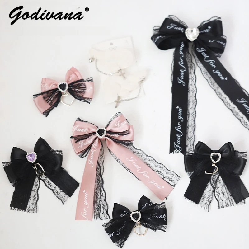 Mine Mass-Produced Handmade Hair Clips Accessories Japanese Lolita Letters Ribbon Bowknot A Pair of Clip Headwear Women Hairpin japanese style blue ribbon hairpin lolita girls hair accessories big bow metal heart sweet hair clip pair of side clips