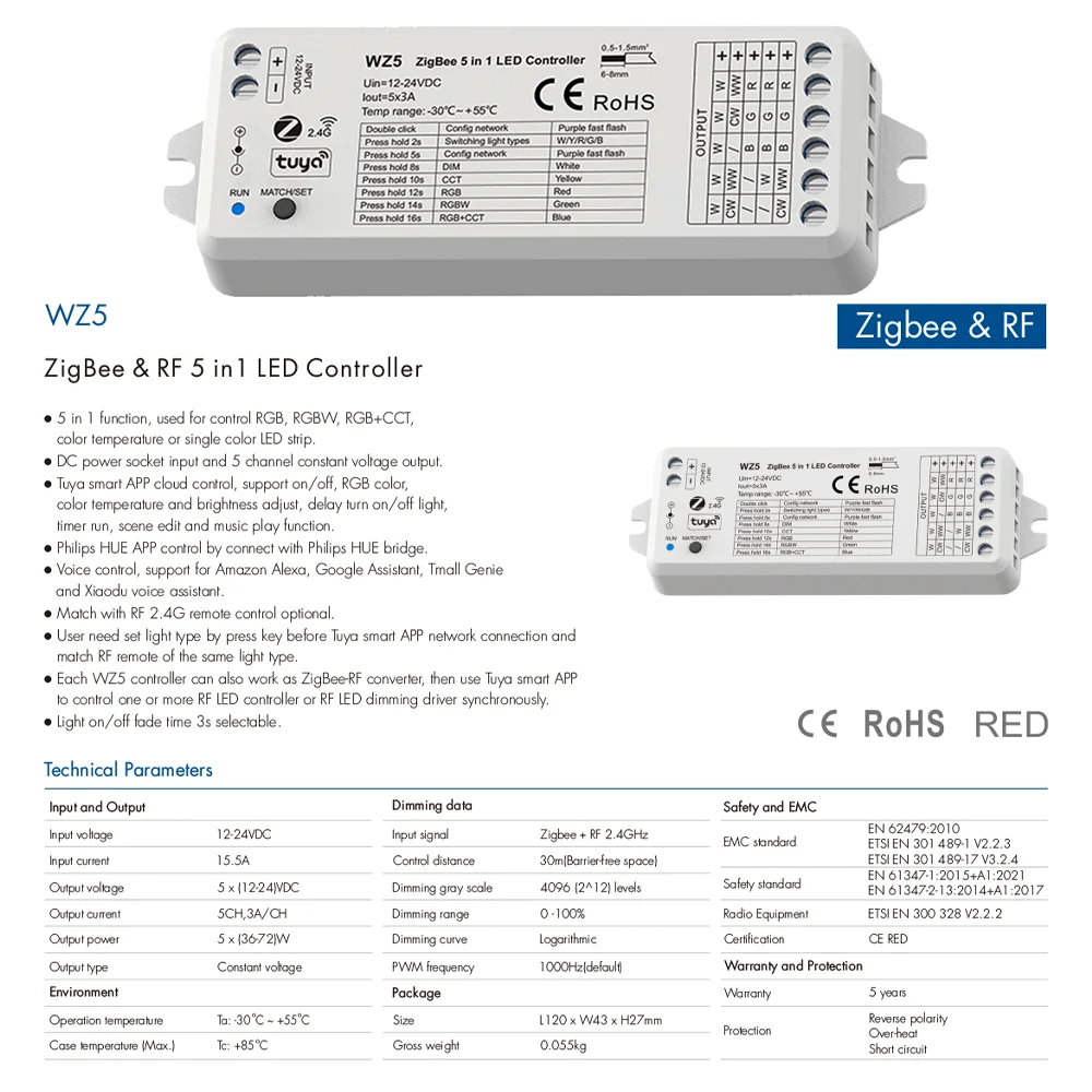 24V RGBCCT COB LED 스트립 라이트 투야 지그비 LED 컨트롤러 RGBCCT 디머 840LEDs/m 유연한 FCOB LED 테이프 리본 램프 (실내용)