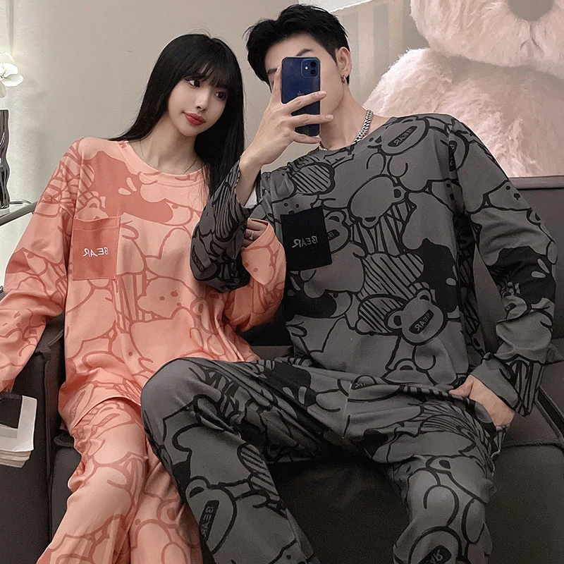 Big Size Pajamas Set for Couple Autumn Long-sleeved Pants Two Piece  Sleepwear Spring Plus Size Loungewear Cotton Nightwear New