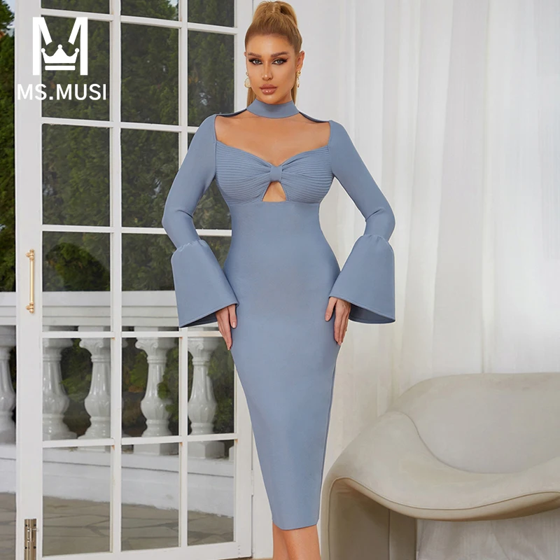 

MSMUSI 2023 New Fashion Women Sexy Blue Halter Bow Flare Long Sleeve Hollow Out Bandage Party Club Bodycon Slit Event Midi Dress