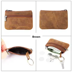 Vintage Genuine Leather Coin Purse with Keychain - Cowhide Zipper Wallet & Key Holder (FM brown crazy horse)