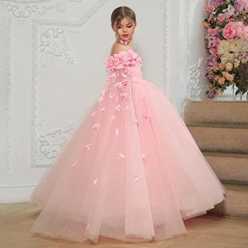 Fluffy Flower Bridemaid Girl Dresses For Wedding and Party Ball Gown Elegant Tulle Off Shoulder Birthday First Communion Dresses 1