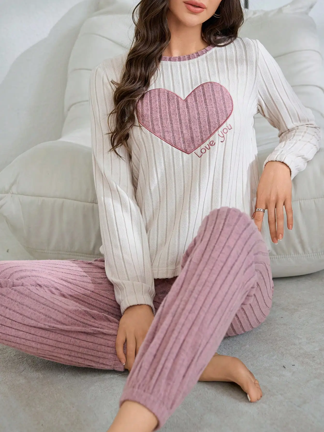 2pcs Plush Heart Embroidered Lounge Set for Women, Cozy Autumn Winter Pajama Pants & Top