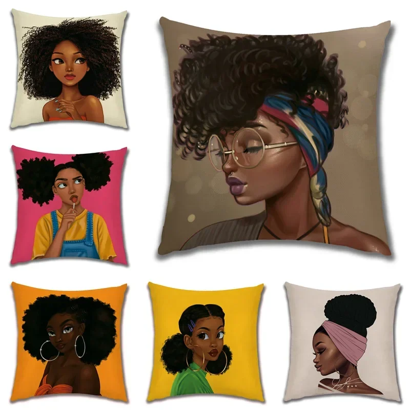 African Girl Lady Oil Painting Decorative Cushion Black Women Home Art Decoration Sofa Throw Pillow Case Linen Cushion Cover 2